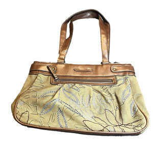 Jamaica Bay Shoulder Bag Womens Khaki Brown Canvas Embroidered Floral Lined Boho